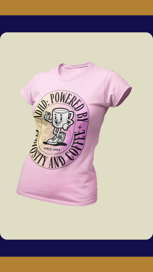 ADHD: Powered by Curiosity and Coffee Pink Unisex Heavy Cotton Tee