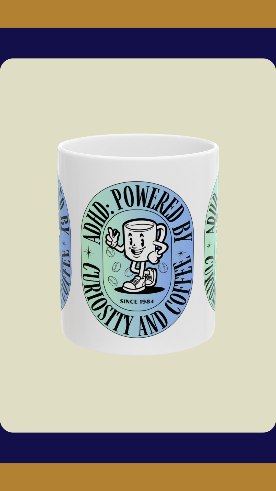 ADHD Powered by Curiosity and Coffee Mug Blue | Fun ADHD Awareness Gift