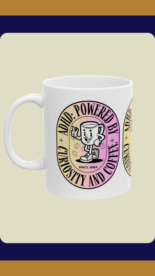 ADHD Powered by Curiosity and Coffee Mug Pink| Fun ADHD Awareness Gift