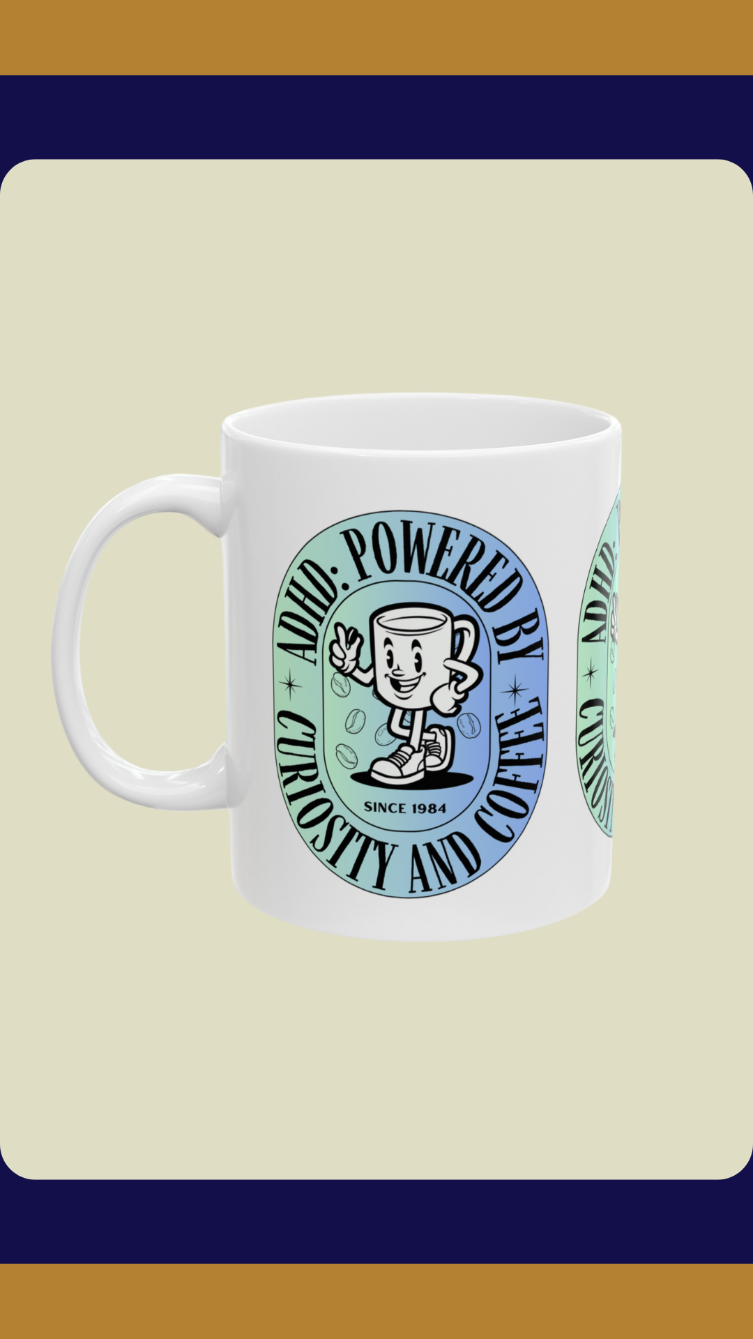 ADHD Powered by Curiosity and Coffee Mug Blue | Fun ADHD Awareness Gift