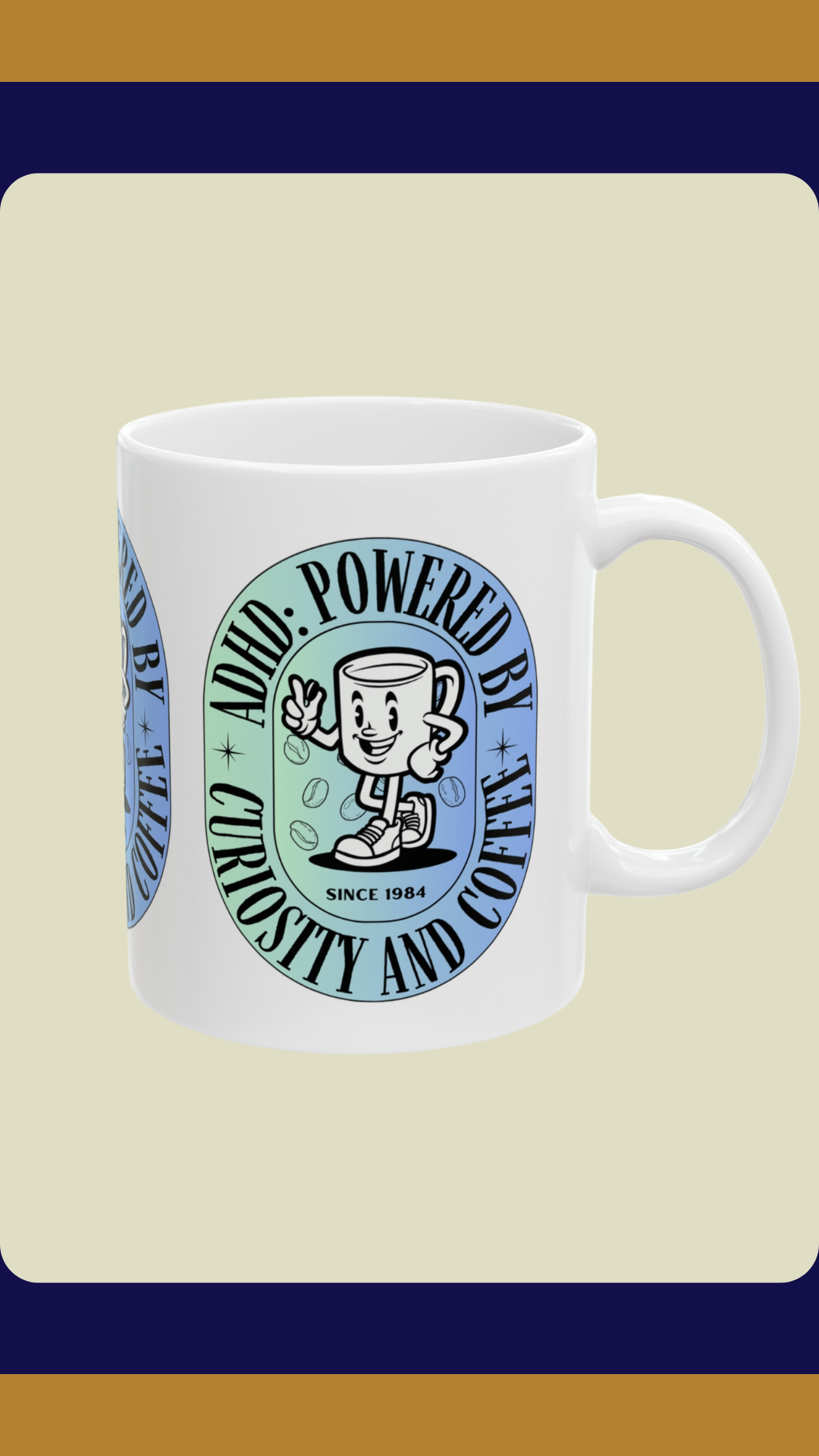 ADHD Powered by Curiosity and Coffee Mug Blue | Fun ADHD Awareness Gift